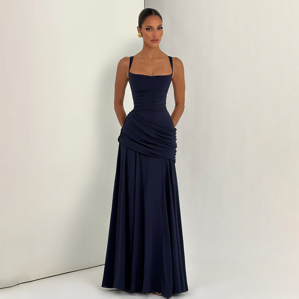 Women Square Neck Ruched Formal Maxi Dress