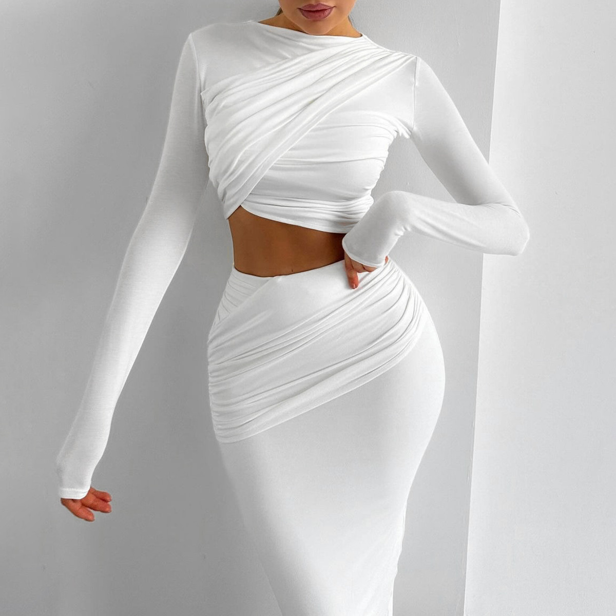 Women Ruched Crop Top and Maxi Skirt Two Piece Set