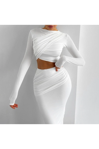 Women Ruched Crop Top and Maxi Skirt Two Piece Set 02
