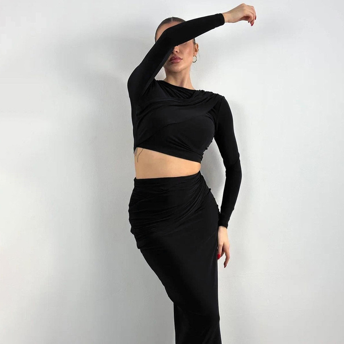 Women Ruched Crop Top and Maxi Skirt Two Piece Set
