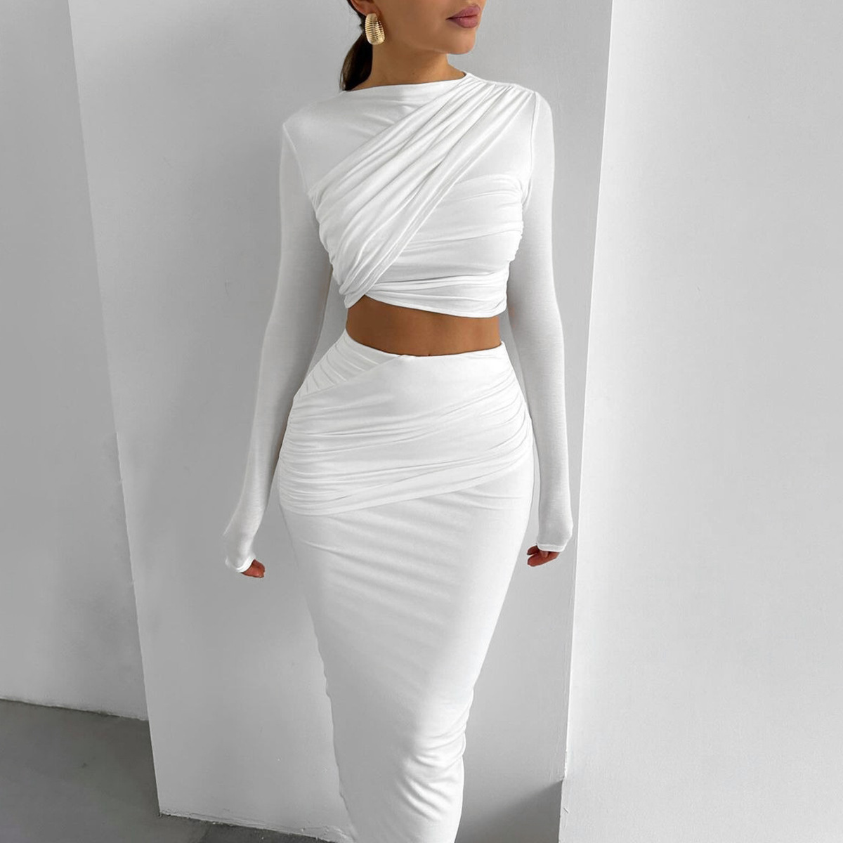 Women Ruched Crop Top and Maxi Skirt Two Piece Set