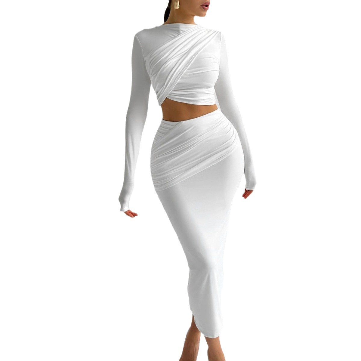 Women Ruched Crop Top and Maxi Skirt Two Piece Set