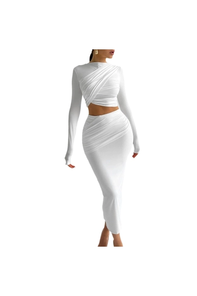 Women Ruched Crop Top and Maxi Skirt Two Piece Set 01