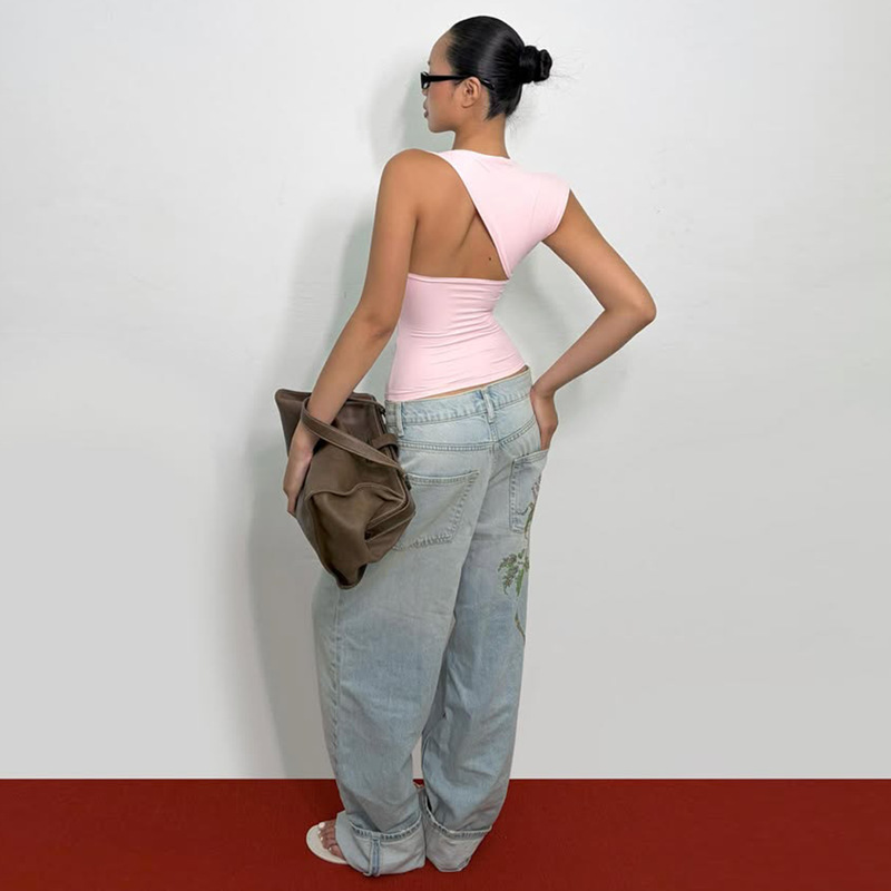 Women Asymmetric Neck Slim Fit Ribbed Tank Top