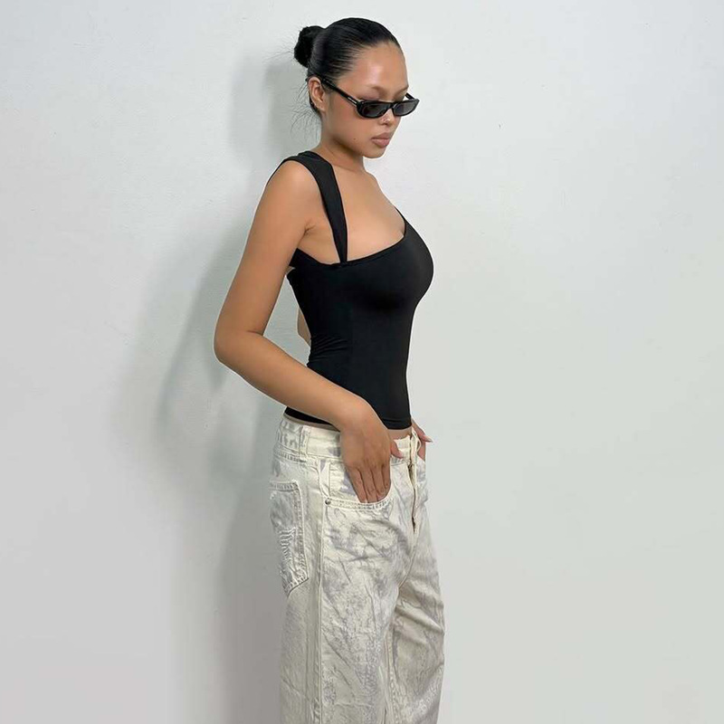 Women Asymmetric Neck Slim Fit Ribbed Tank Top