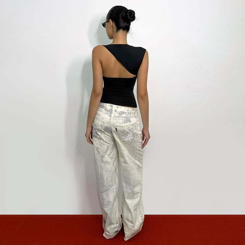 Women Asymmetric Neck Slim Fit Ribbed Tank Top
