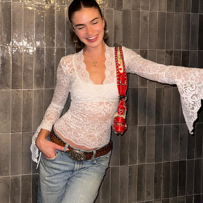 Women Deep V Neck Lace Bell Sleeve Top