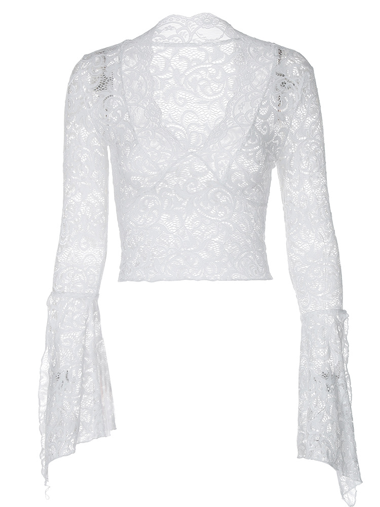 Women Deep V Neck Lace Bell Sleeve Top