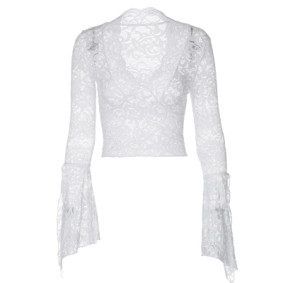 Women Deep V Neck Lace Bell Sleeve Top 01