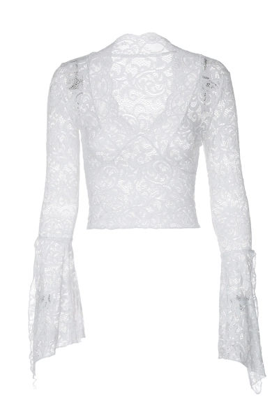 Women Deep V Neck Lace Bell Sleeve Top 01