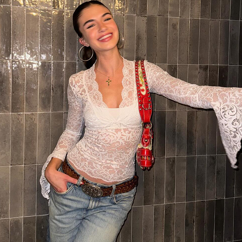 Women Deep V Neck Lace Bell Sleeve Top