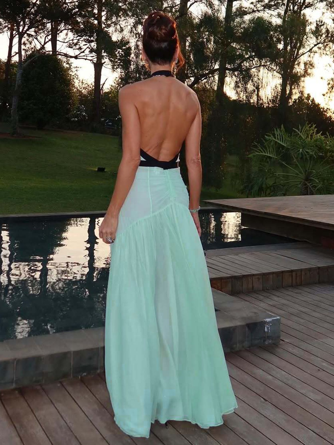 Women Halter Neck Deep V Chiffon Maxi Dress