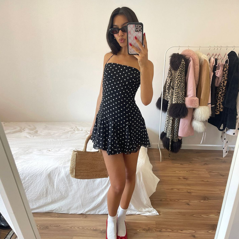 Women Polka Dot Halter Neck Flare Mini Dress