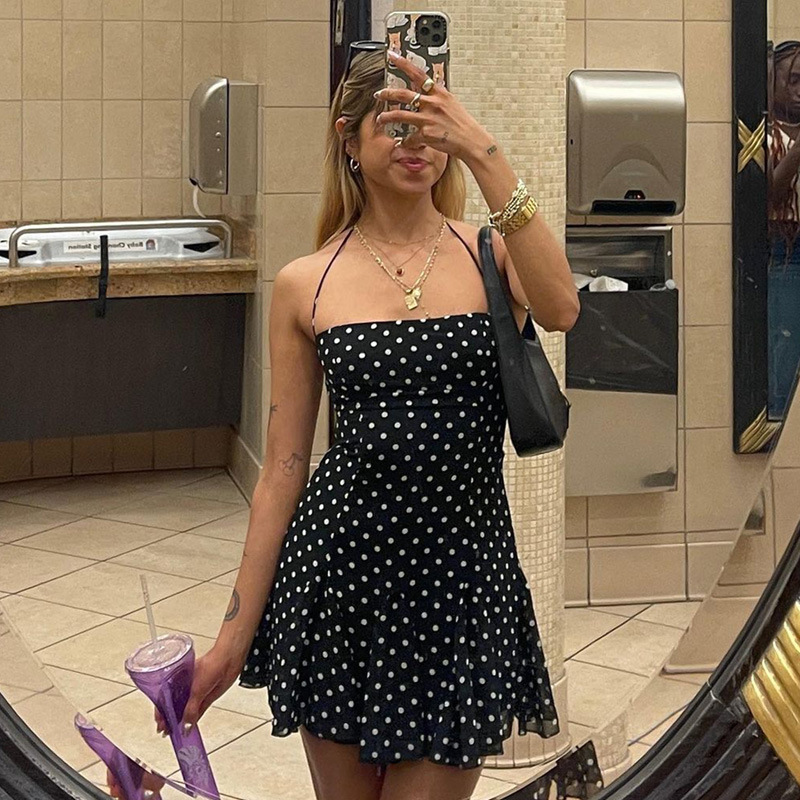 Women Polka Dot Halter Neck Flare Mini Dress
