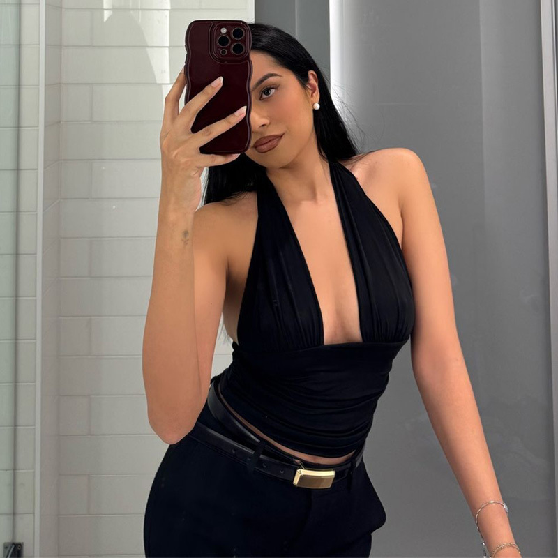 Women Deep V Neck Halter Ruched Tank Top