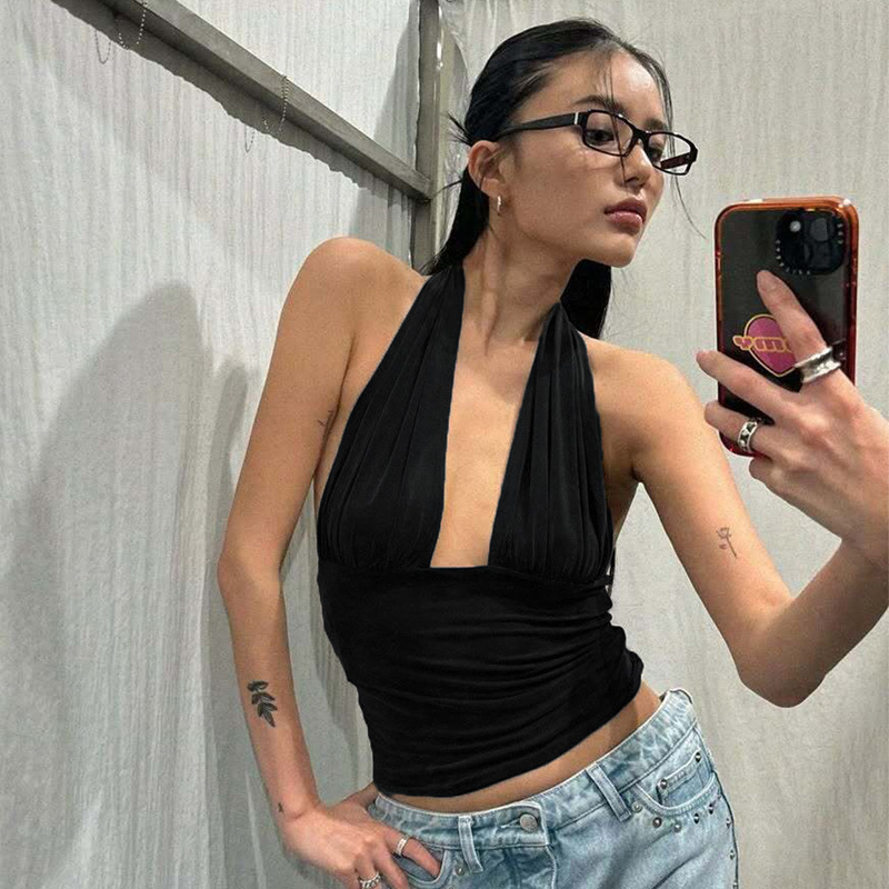 Women Deep V Neck Halter Ruched Tank Top