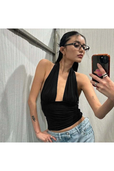 Women Deep V Neck Halter Ruched Tank Top 02
