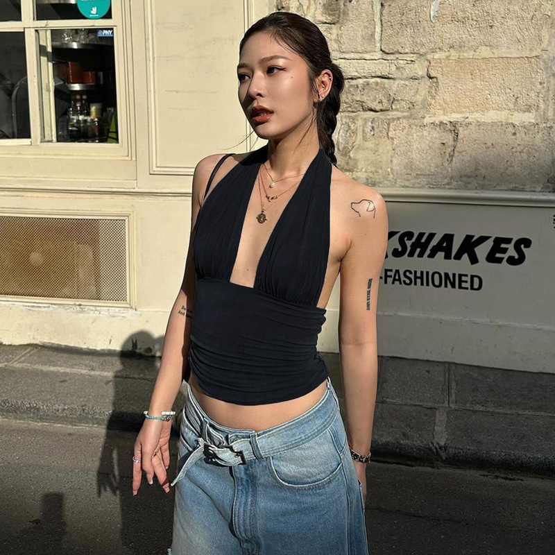 Women Deep V Neck Halter Ruched Tank Top