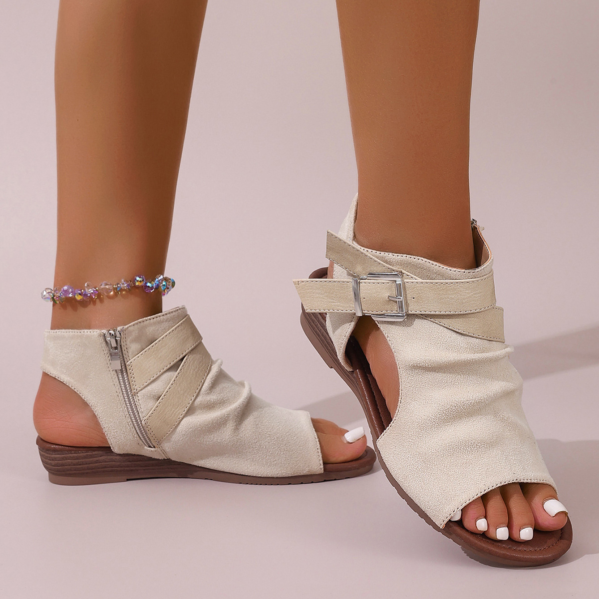 Women Peep Toe Buckle Wedge Sandals