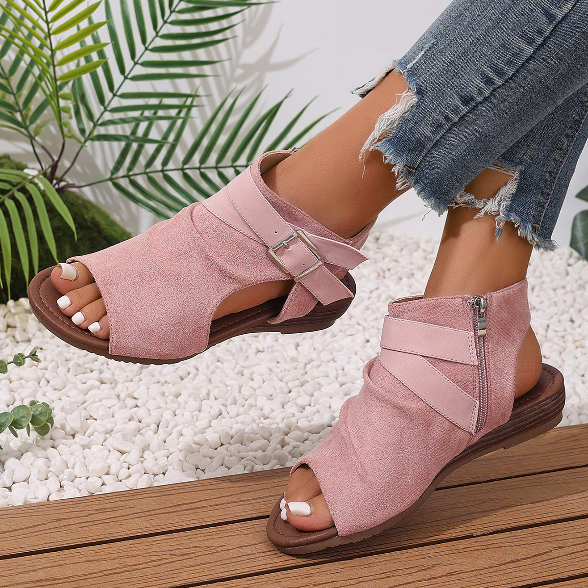 Women Peep Toe Buckle Wedge Sandals