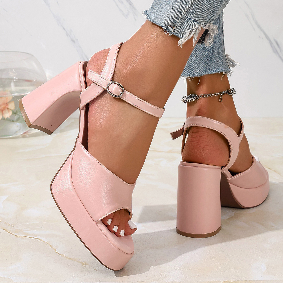 Women Platform Chunky Heel Ankle Strap Sandals