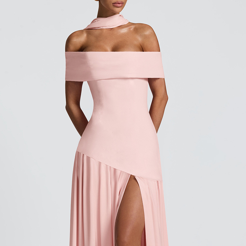 Women Off Shoulder Choker Slit Maxi Dress