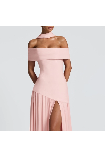 Women Off Shoulder Choker Slit Maxi Dress 02