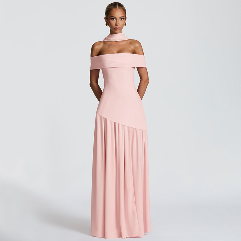Women Off Shoulder Choker Slit Maxi Dress