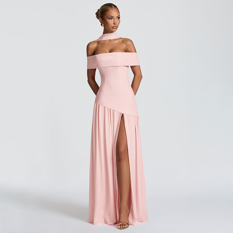 Women Off Shoulder Choker Slit Maxi Dress