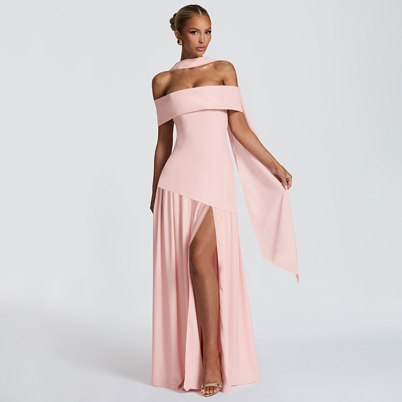 Women Off Shoulder Choker Slit Maxi Dress