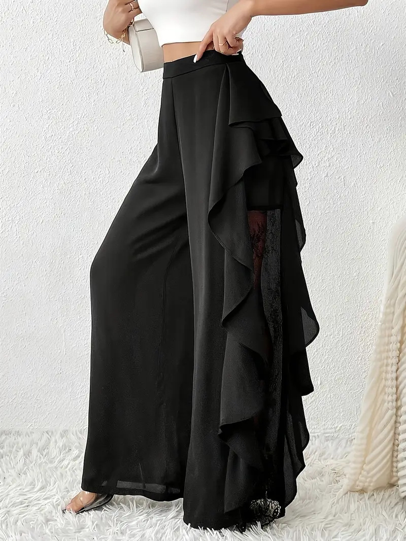 Women High Waist Ruffle Lace Wide Leg Pants