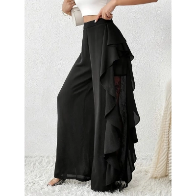 Women High Waist Ruffle Lace Wide Leg Pants 02
