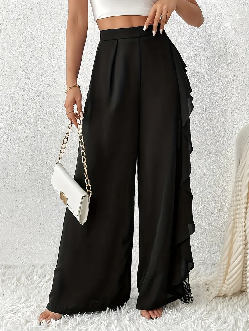 Women High Waist Ruffle Lace Wide Leg Pants
