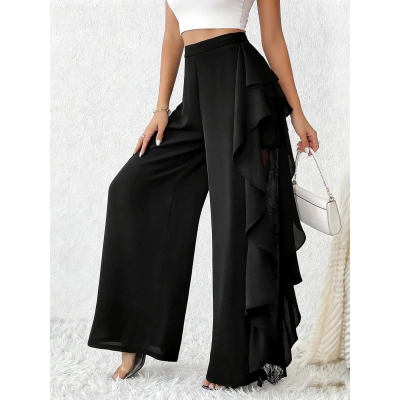 Women High Waist Ruffle Lace Wide Leg Pants 01