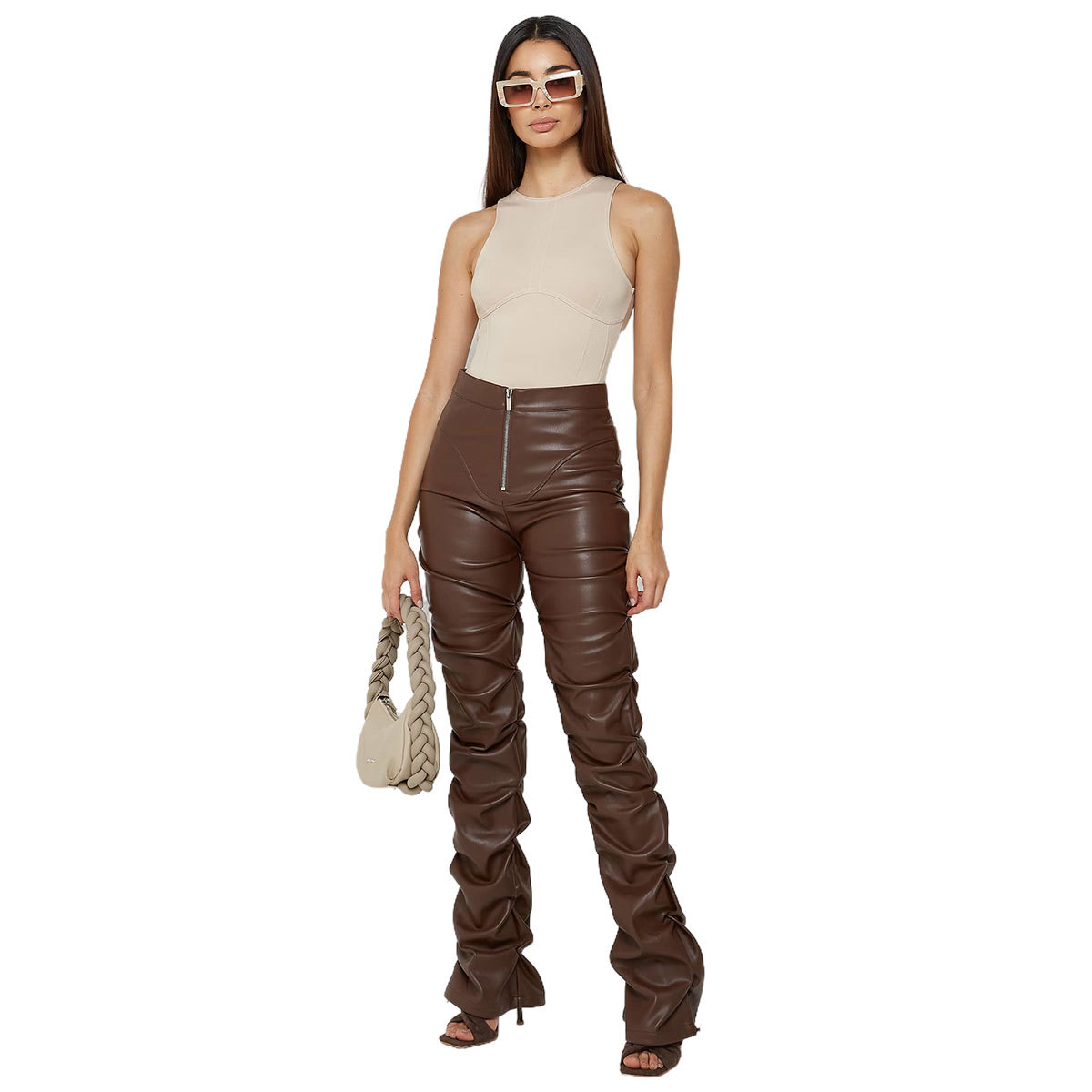 Women High Waist Ruched Faux Leather Pants