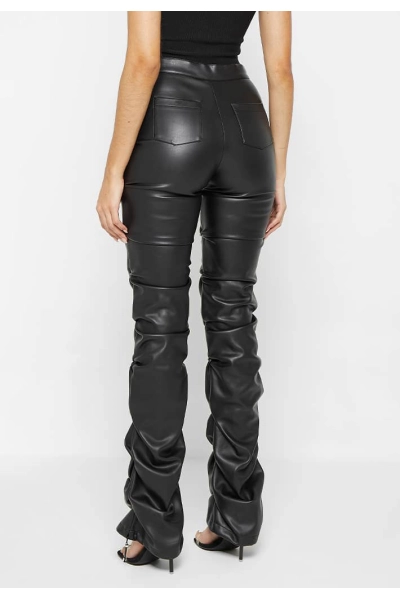Women High Waist Ruched Faux Leather Pants 02