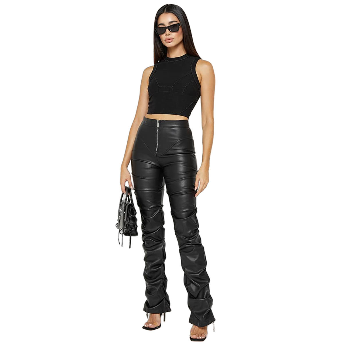 Women High Waist Ruched Faux Leather Pants