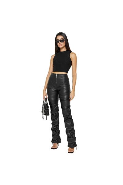 Women High Waist Ruched Faux Leather Pants 01