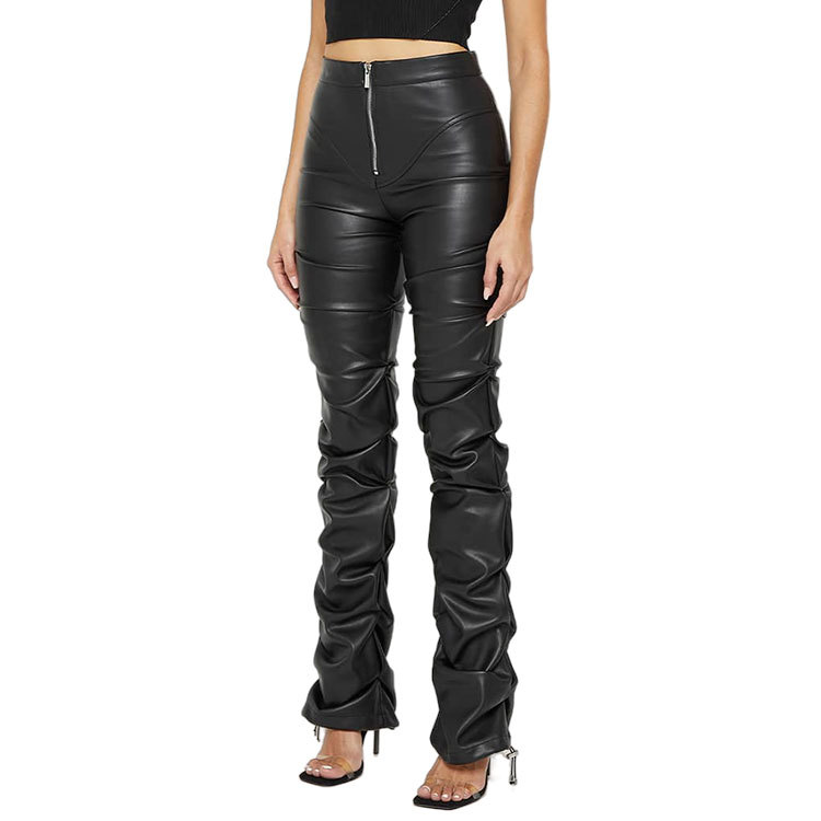 Women High Waist Ruched Faux Leather Pants