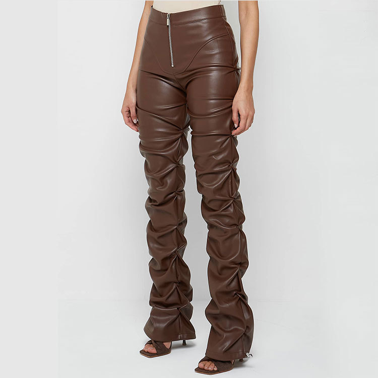Women High Waist Ruched Faux Leather Pants