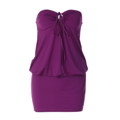 Women Strapless Drawstring Ruched Mini Dress 01
