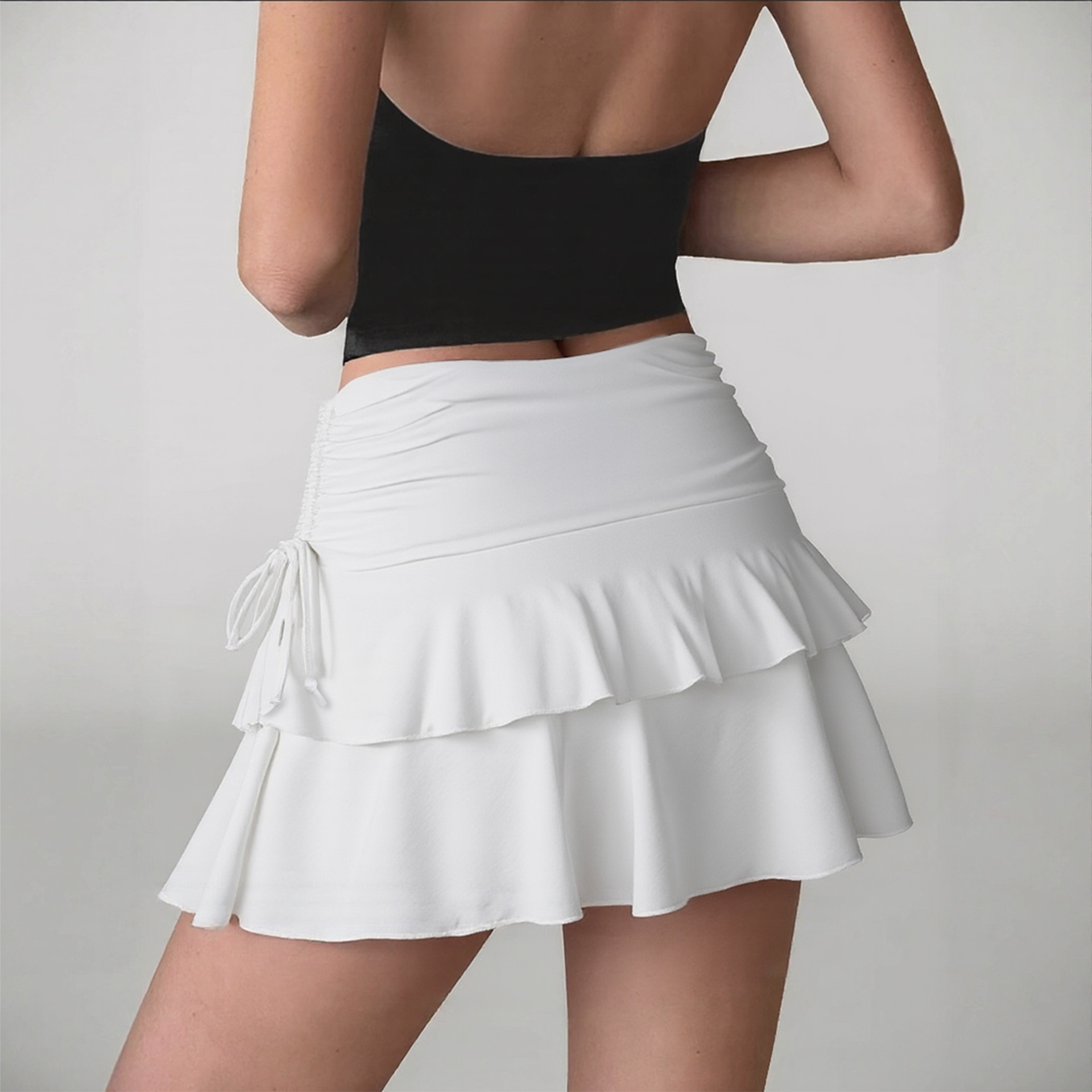 Women Drawstring Ruched Ruffle Mini Skirt