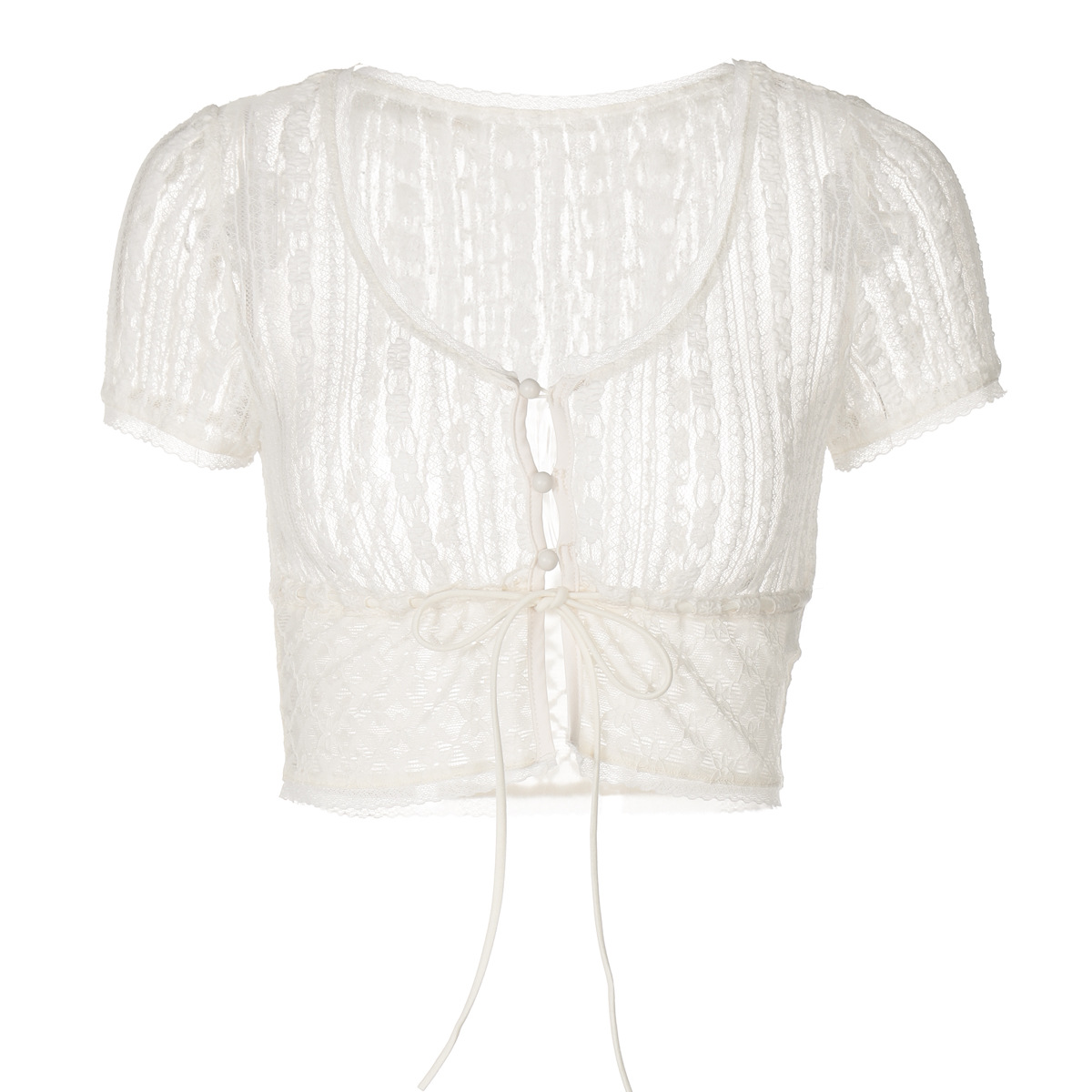 Women Lace Sheer Tie Front Short Sleeve Crop Top