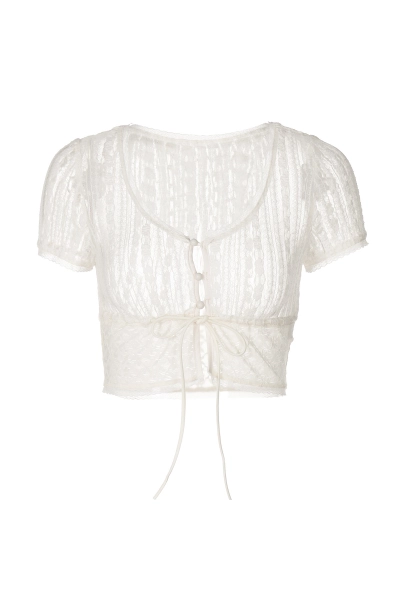 Women Lace Sheer Tie Front Short Sleeve Crop Top 01