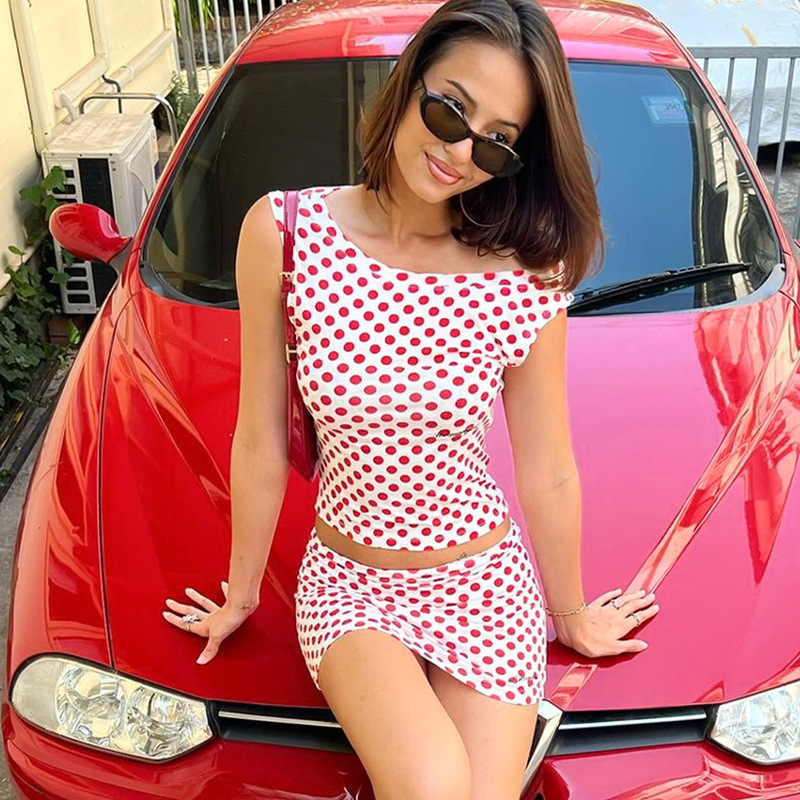 Women Polka Dot Off Shoulder Top and Mini Skirt Set