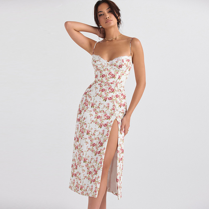 Women Floral Print Spaghetti Strap Slit Midi Dress