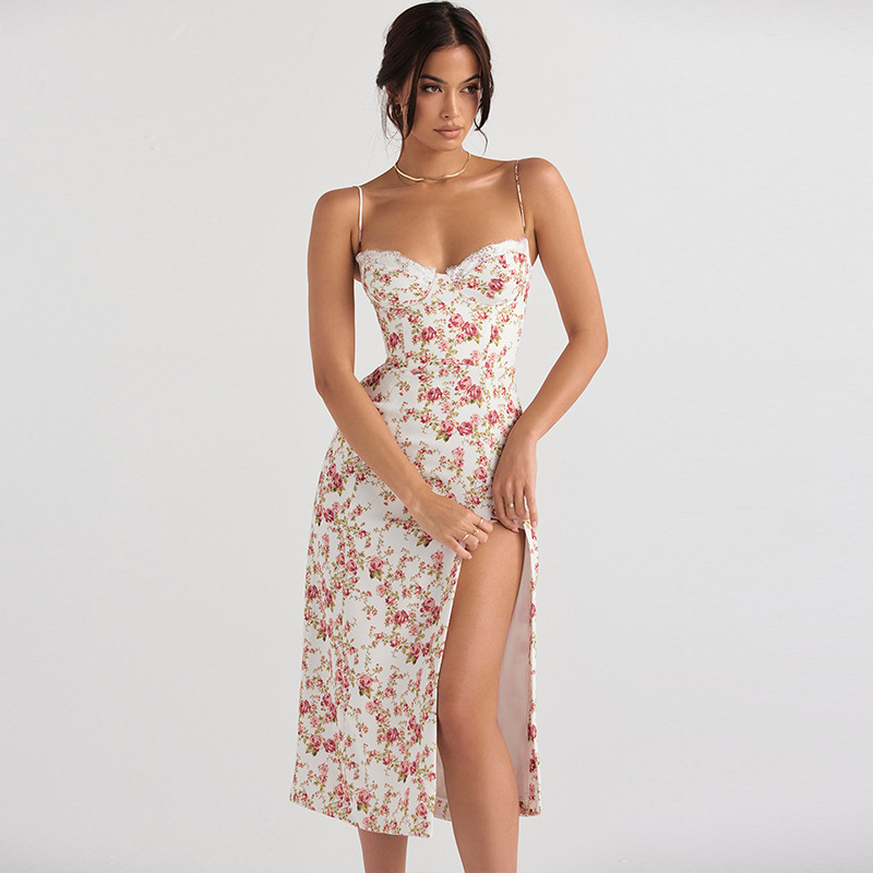Women Floral Print Spaghetti Strap Slit Midi Dress