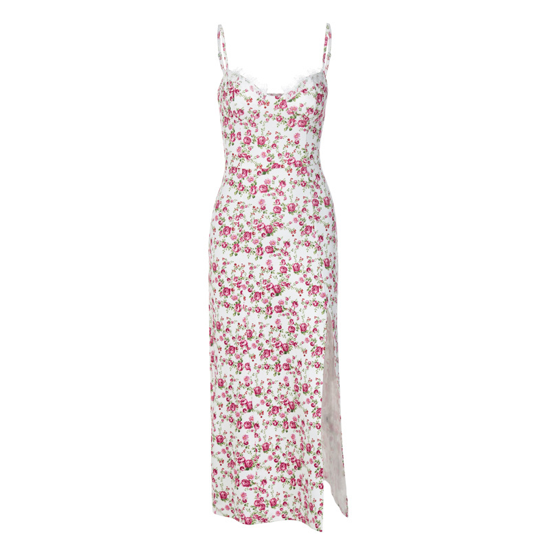 Women Floral Print Spaghetti Strap Slit Midi Dress