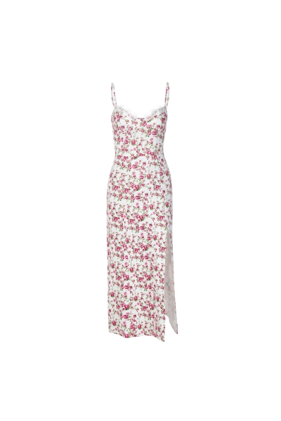 Women Floral Print Spaghetti Strap Slit Midi Dress 01