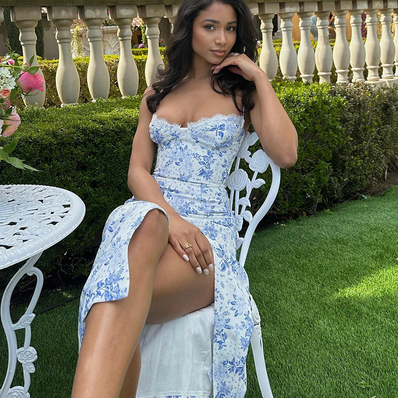 Women Floral Print Spaghetti Strap Slit Midi Dress